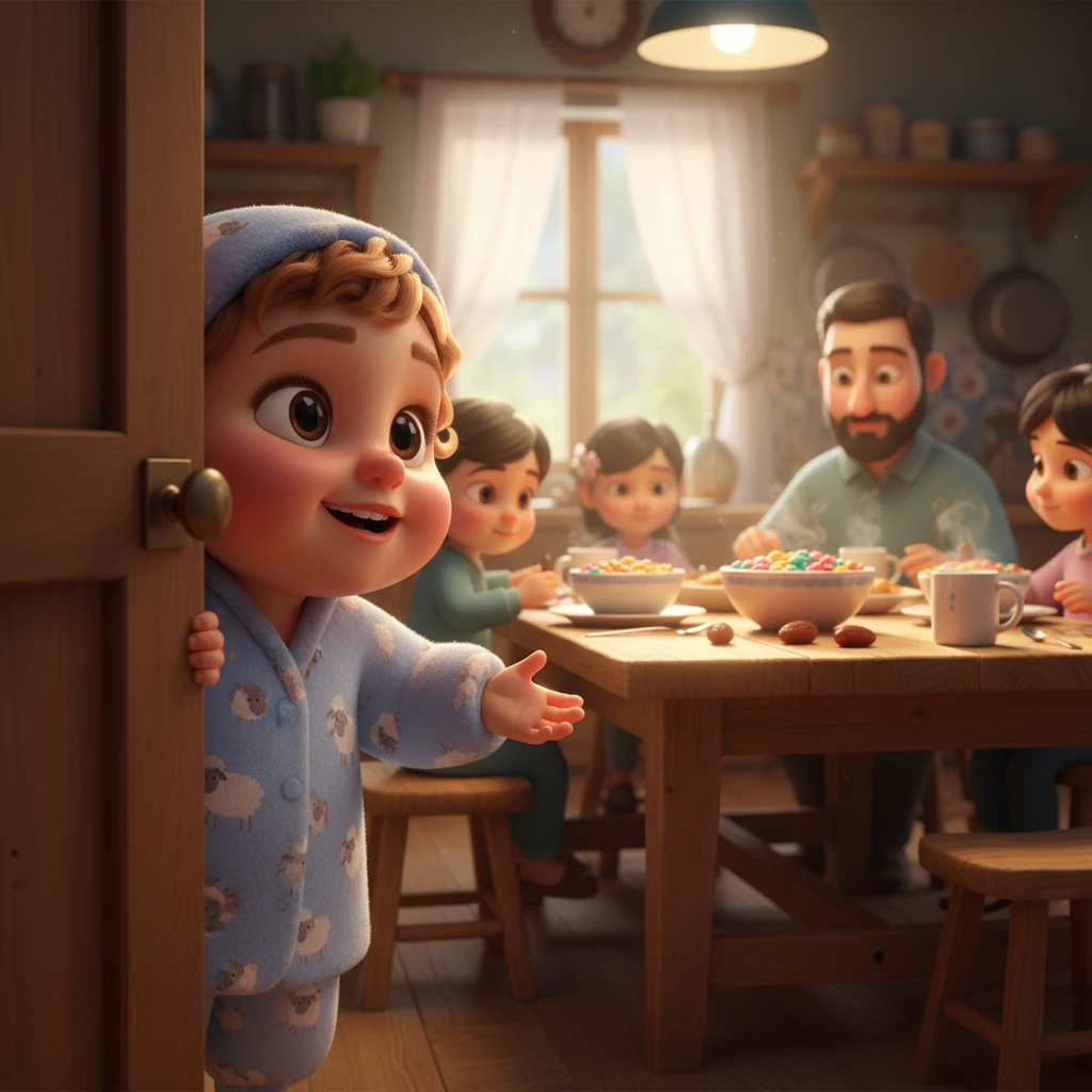 Hoor, now fully awake and clad in her favorite sheep pajamas, peeks around the kitchen doorframe. Her parents and older siblings sit around a brightly lit table, sharing bowls of cereal, dates, and warm milk. Hoor’s eyes, full of wonder and a hint of hunger, fixate on the delicious food, her tiny hands reaching out instinctively.