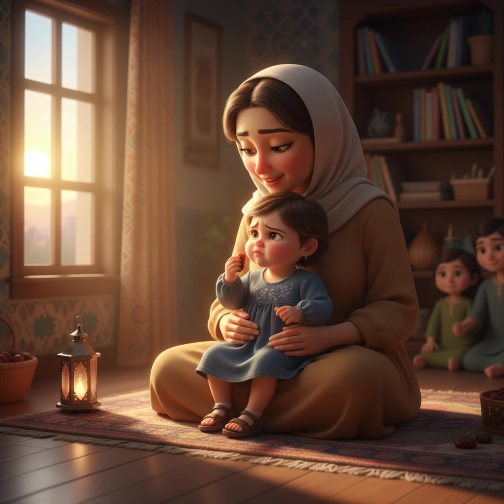 Mama gently scoops Hoor onto her lap, offering a small piece of date, explaining in soft whispers about Ramadan and 'no eating until the sun goes down' for the big people. Hoor, pouting slightly with a squished-up nose, tries to grasp the concept, her brow furrowed in concentration as she nibbles her treat. She looks at her family, then at the rising sun, a tiny lightbulb of understanding flickering in her mind.