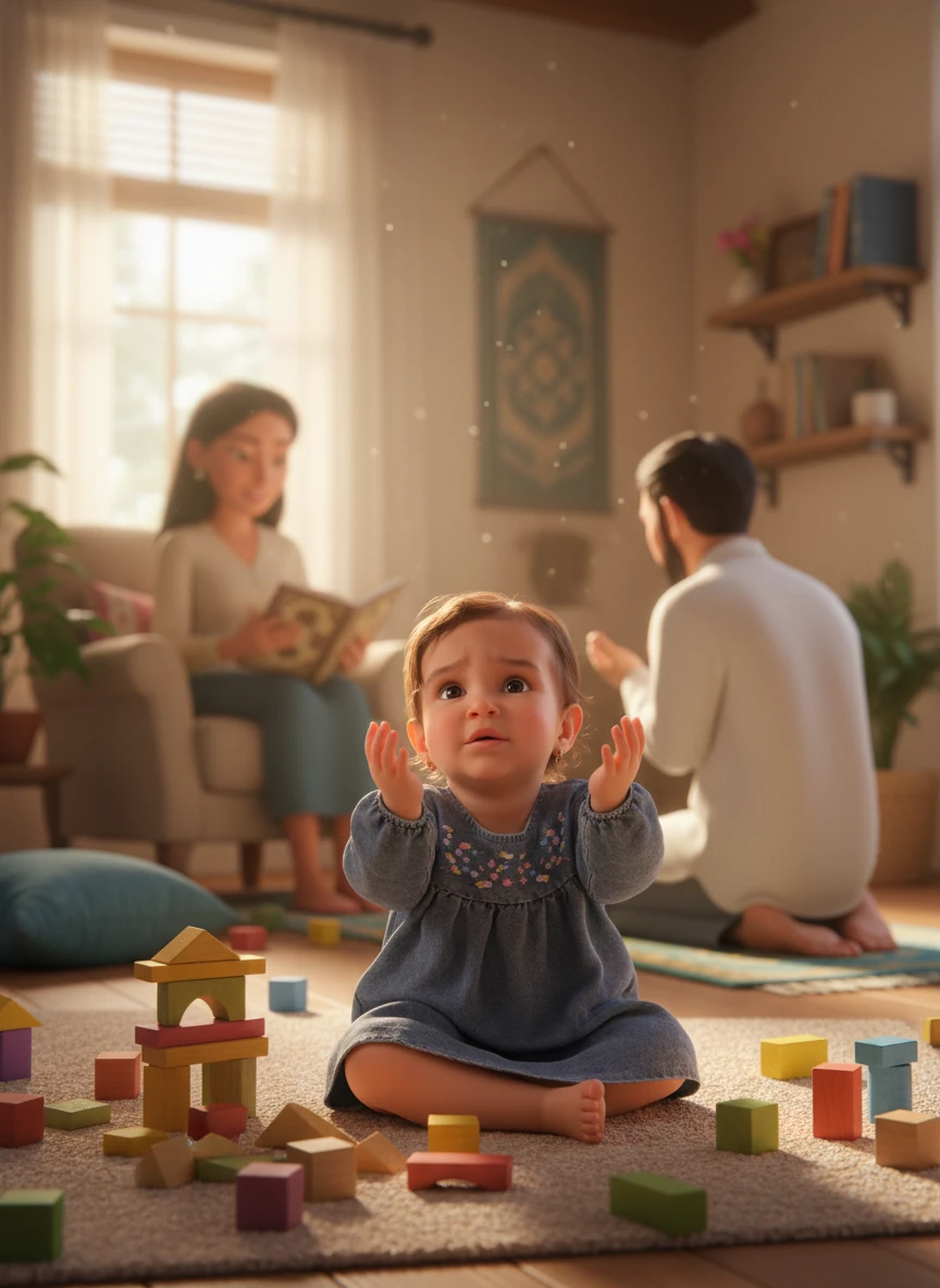 Throughout the morning, Hoor plays with her colorful blocks, building wobbly towers that inevitably tumble down with a giggle. She observes her parents quietly, seeing Mama read from a beautiful book and Baba perform his prayers, their faces serene. Hoor, with an exaggerated sigh, mimics a tiny prayer pose, her hands raised in an endearing, clumsy imitation.