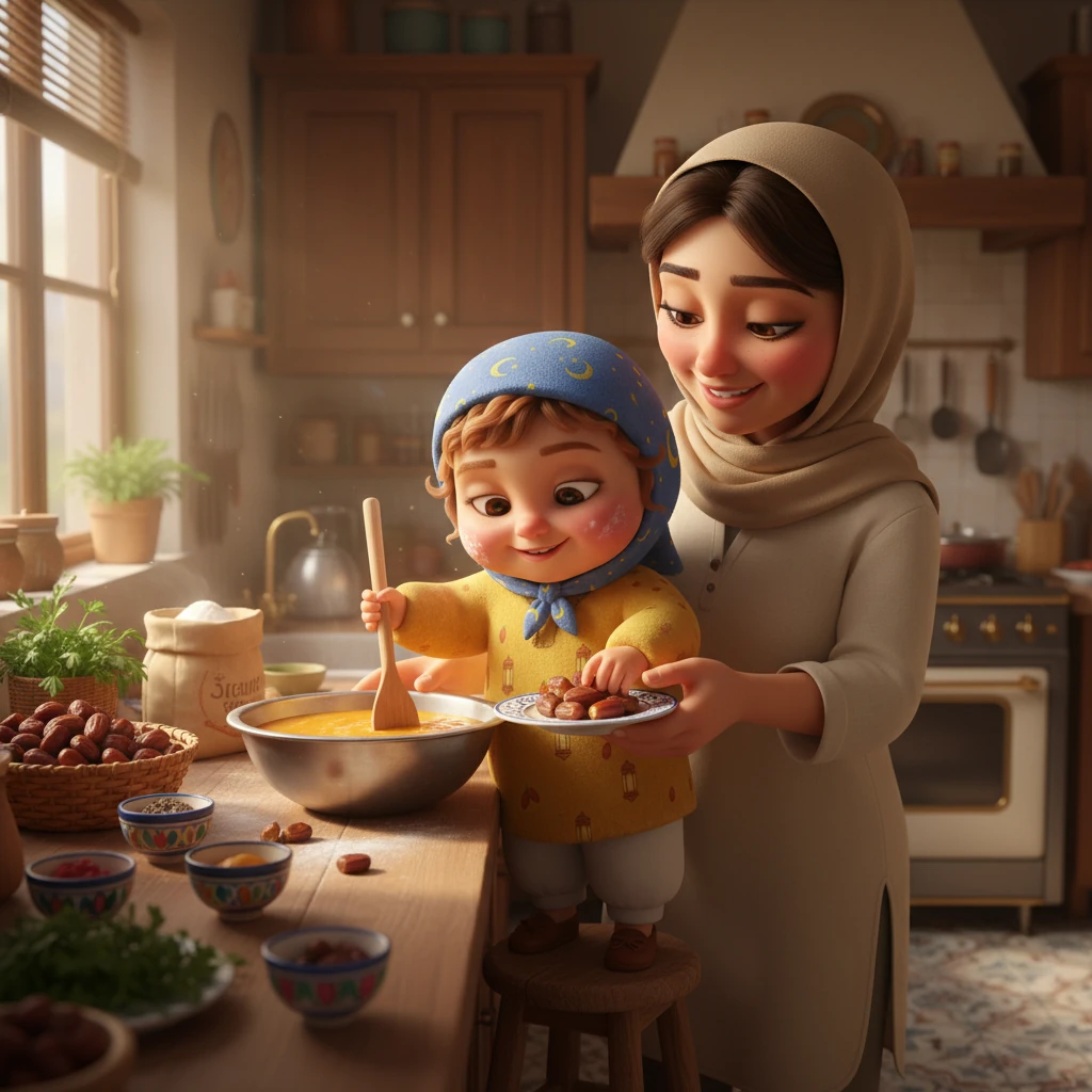 As the afternoon light mellows, Hoor 'helps' Mama in the kitchen, her small fingers carefully placing dates onto a decorative plate for Iftar. Flour dusts her rosy cheeks as she attempts to stir a bowl of lentil soup with a spoon almost as big as she is. Mama laughs warmly, gently guiding Hoor's hand.