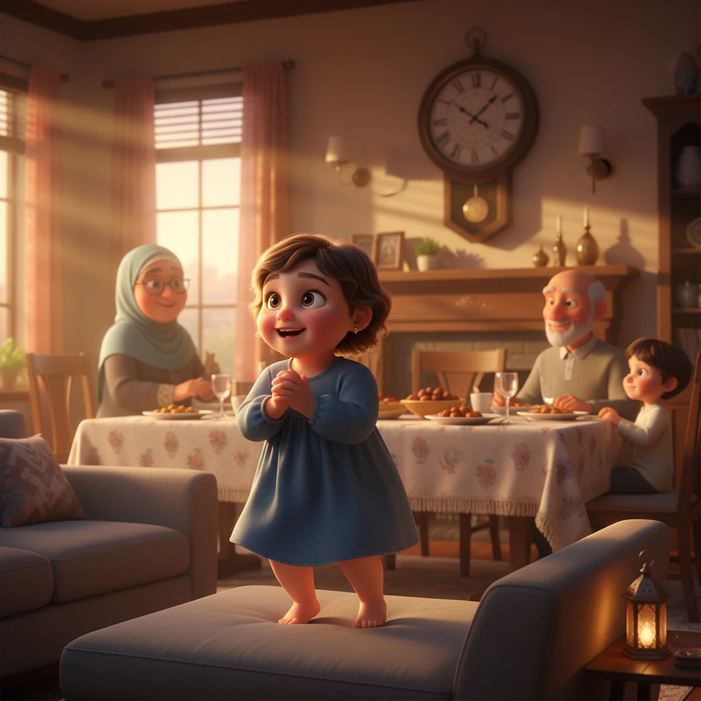 The sun dips below the horizon, casting long, golden shadows across the living room. Hoor bounces excitedly on the sofa, her eyes glued to the clock. The moment the call to prayer rings out, the family gathers around the table, their faces glowing with anticipation. Hoor claps her hands, ready for the feast.