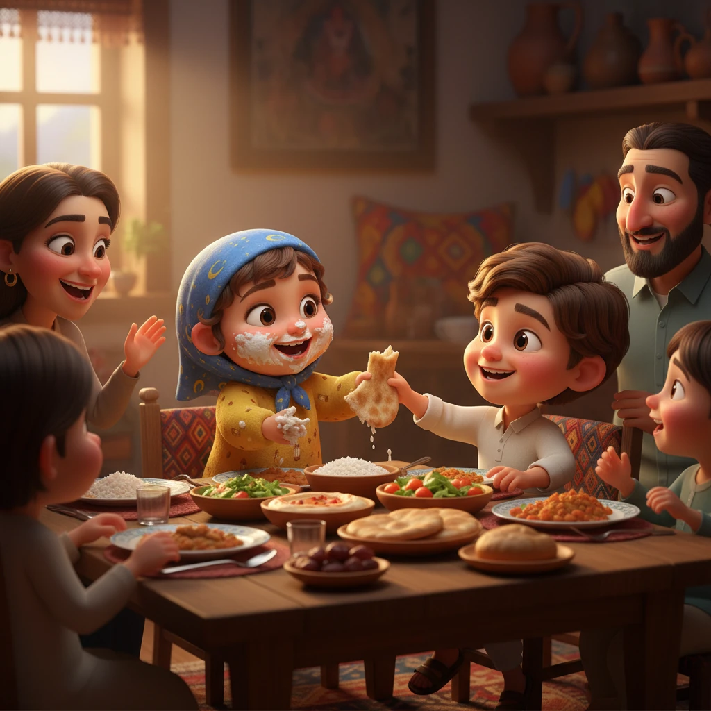 Hoor gleefully digs into her own small plate of food, her mouth smeared with hummus and rice, surrounded by her smiling family. Laughter and happy chatter fill the air, creating a warm, comforting bubble of togetherness. She shares a piece of bread with her older brother, a wide grin spreading across her face.