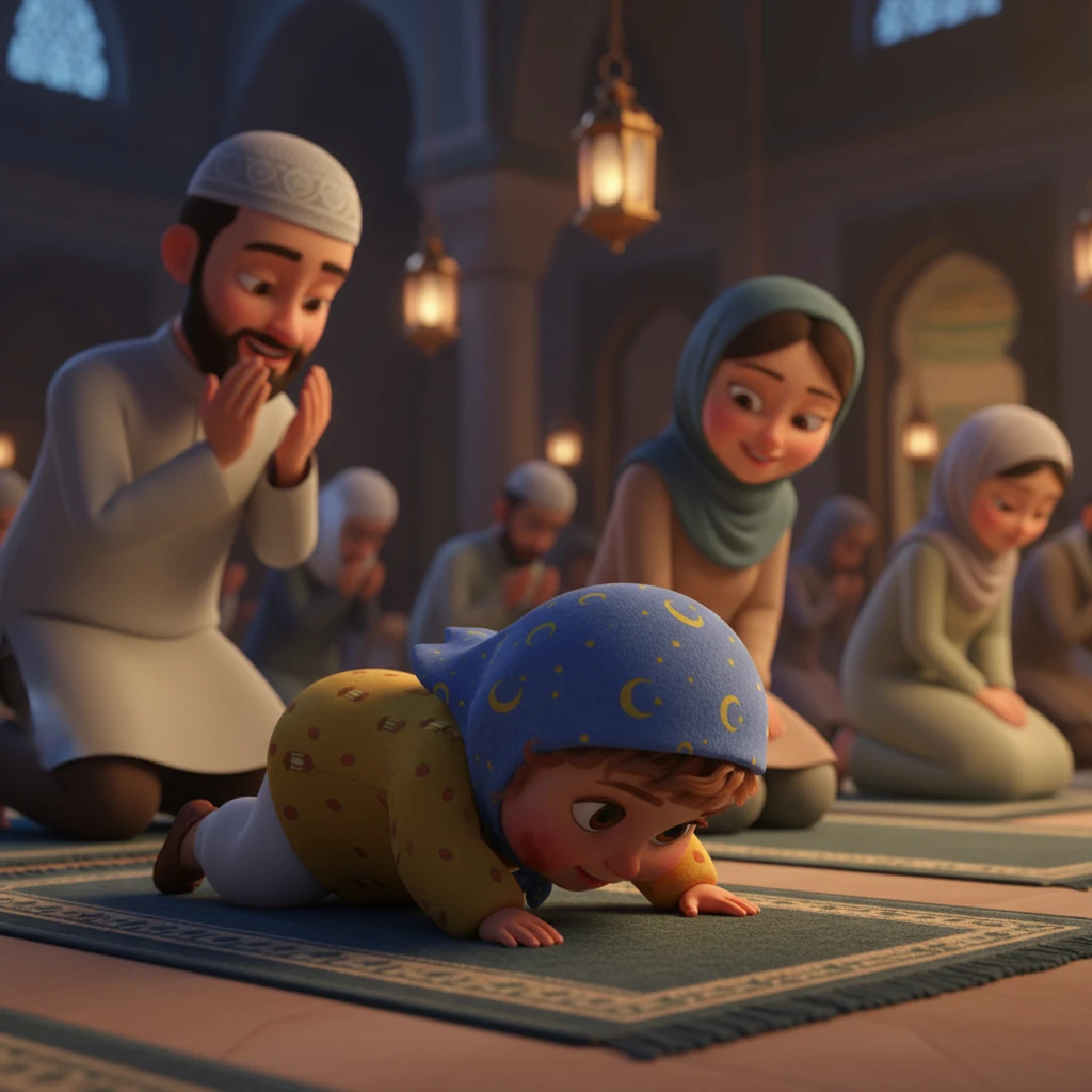 Later, during the Taraweeh prayers, Hoor sits beside her parents on a prayer rug, her tiny head bobbing. She tries to follow their movements, bowing and prostrating in her own adorable, uncoordinated way. Her efforts bring silent, loving smiles to her family's faces, a testament to her innocent participation.