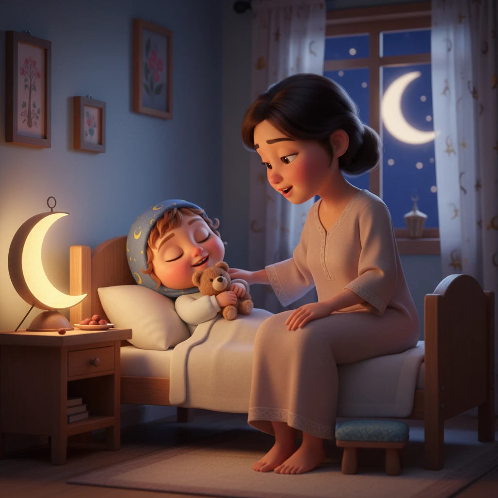 Tucked into her bed, Hoor snuggles her favorite teddy bear, her eyelids heavy. Mama sits beside her, singing a soft lullaby, recounting the day's events and the blessings of Ramadan. Hoor drifts off to sleep, a peaceful smile on her face, feeling safe and loved.