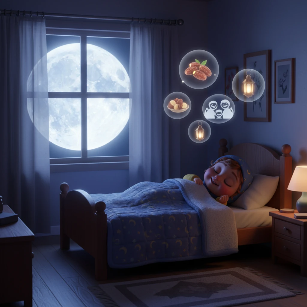 The full moon of Ramadan shines brightly through Hoor's window, casting a gentle, silver glow over her sleeping form. Hoor dreams of dates, laughter, and the loving faces of her family, a tiny ambassador of joy in the heart of a cherished tradition. The house is quiet, filled with the warmth of shared faith and love.