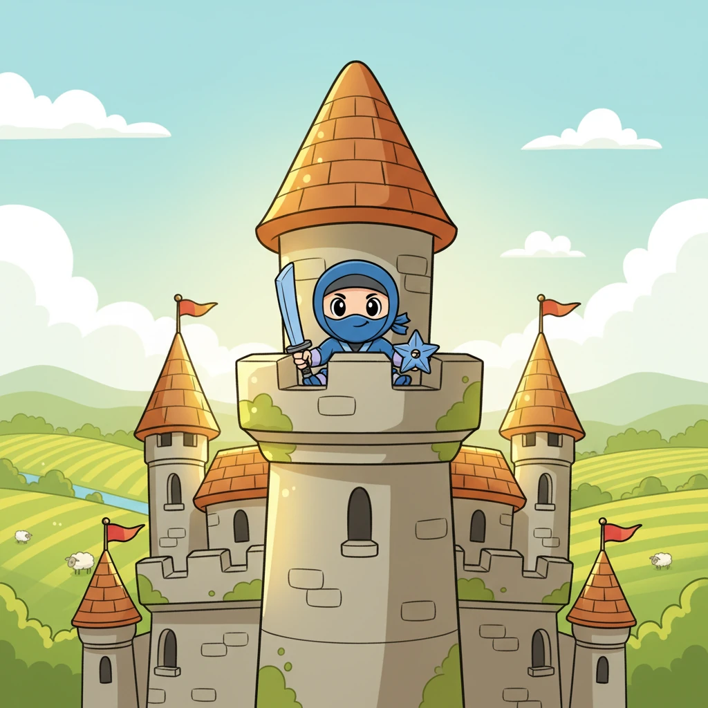 High above the rolling green hills, a grand castle stood tall, its stone walls gleaming in the morning sun. Peeking over the highest turret was Kiko, a tiny ninja with eyes sparkling with curiosity and a mischievous grin. He was ready for a big adventure.