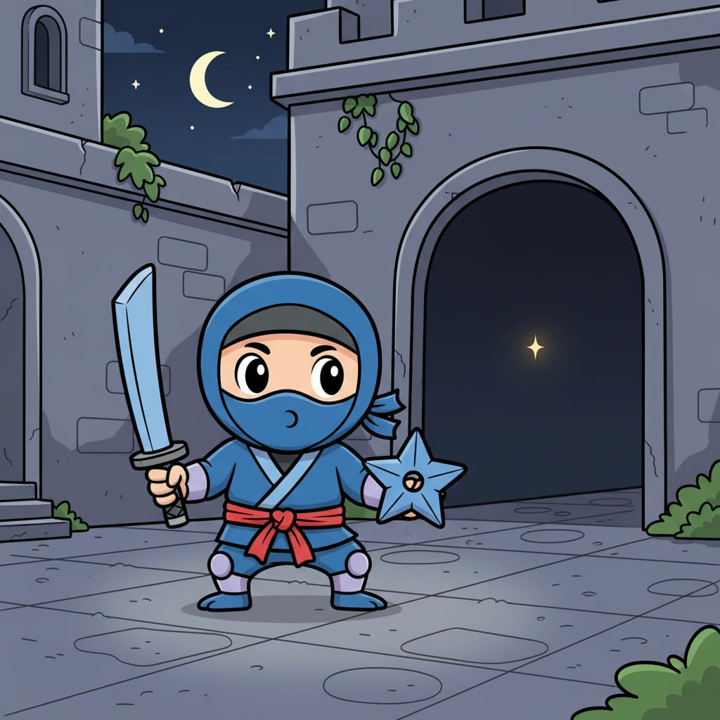 With a silent, graceful leap, Kiko dropped into the castle courtyard, landing as lightly as a feather. He spotted something twinkling in a shadowed archway, a tiny light that beckoned him closer. His mission, whatever it was, had just begun.