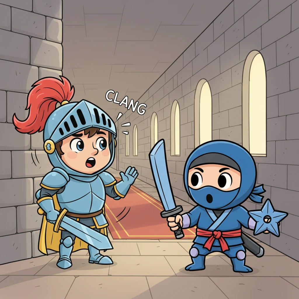Suddenly, a thunderous CLANG echoed through the hall as Sir Reginald, a knight in shining, slightly too-large armor, rounded the corner. He spotted Kiko and gasped, his helmet wobbling. "Halt, tiny intruder!" he boomed, trying to look very stern.