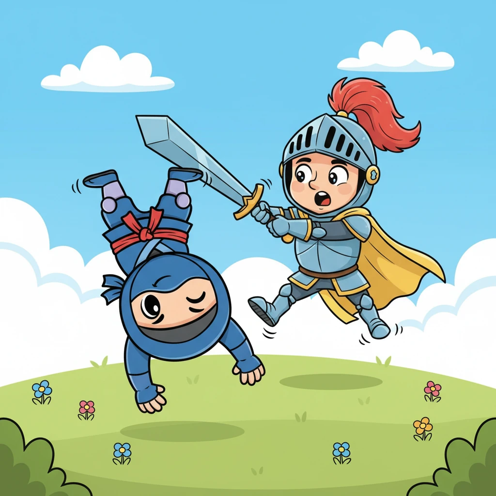 Sir Reginald swung his comically oversized sword, attempting a grand capture, but Kiko was too quick. With a cheerful somersault and a playful wink, the ninja easily dodged, leaving the knight to stumble over his own two feet. Sir Reginald wobbled precariously.