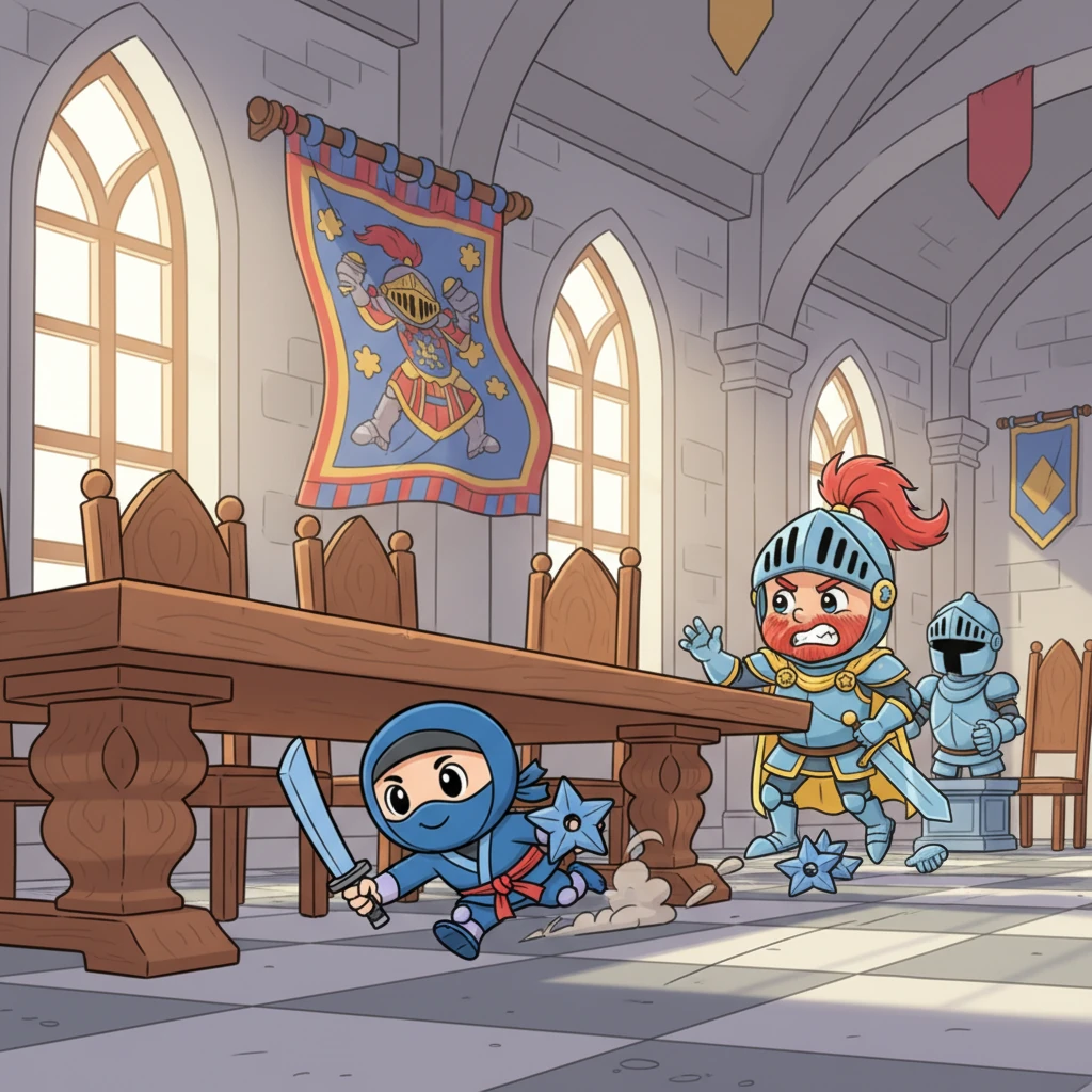 Kiko zipped through the castle's grand halls, bouncing off tapestries and sliding under ancient tables with incredible speed. Sir Reginald, huffing and puffing, tried to keep up, bumping into suits of armor that clattered like a drum solo. The chase was on!