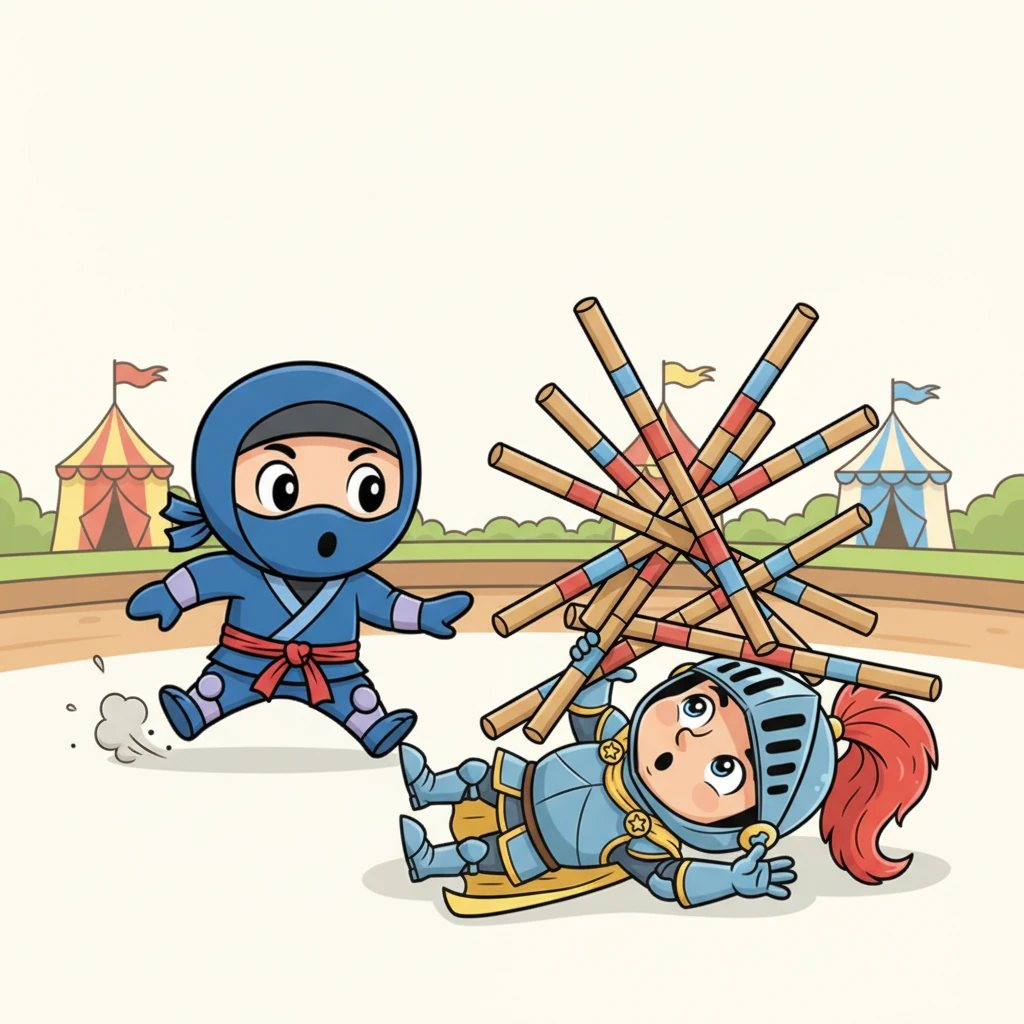 In a flurry of movement, Kiko accidentally knocked over a tall stack of jousting lances, which tumbled down with a soft THUD. The lances landed right on top of Sir Reginald, pinning him gently but hilariously to the floor. Kiko skidded to a stop, looking genuinely surprised.