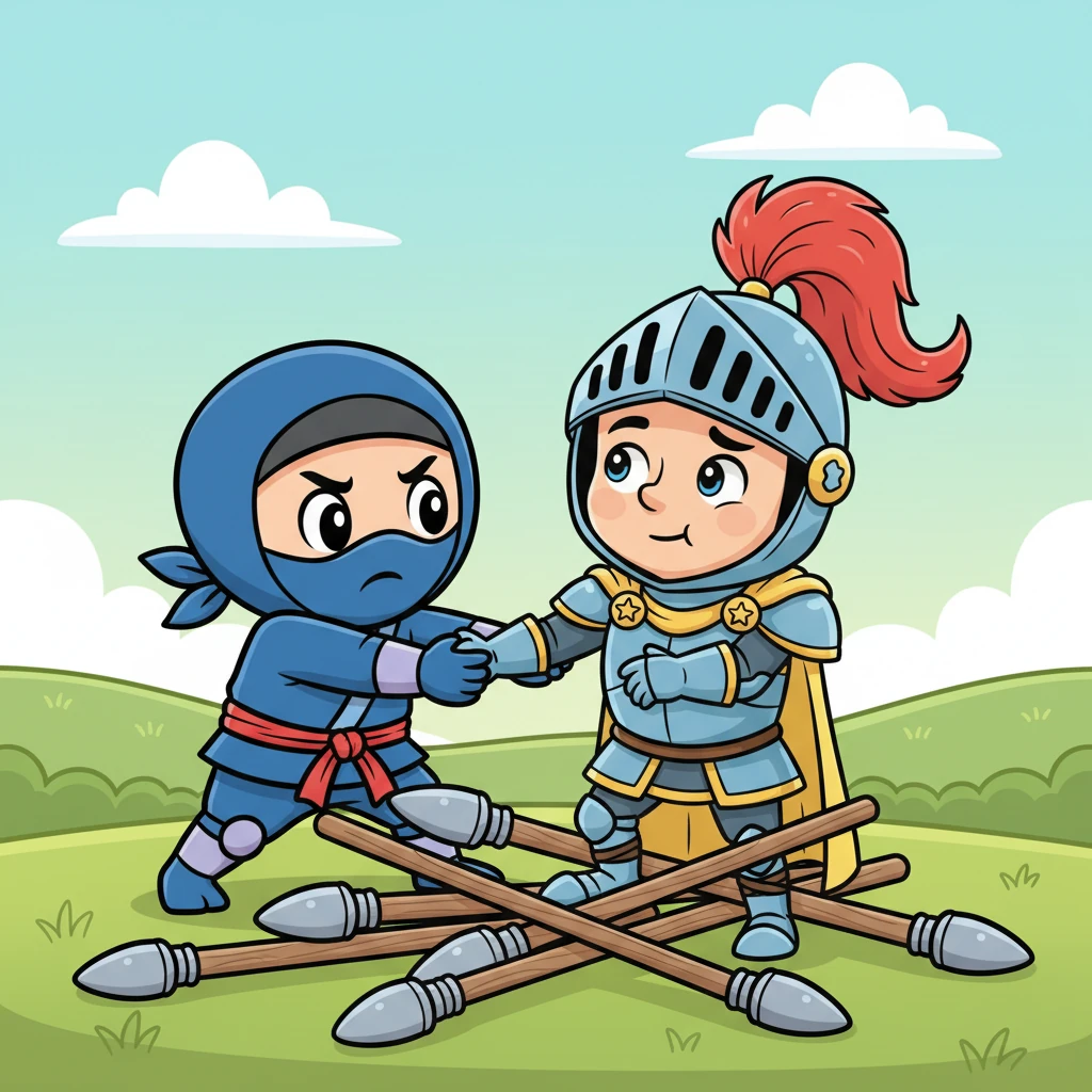 Instead of making a quick escape, Kiko rushed back, his playful grin replaced by a look of concern. He quickly helped Sir Reginald untangle himself from the pile of lances, pulling and tugging with surprising strength. The knight looked up, confused but grateful.