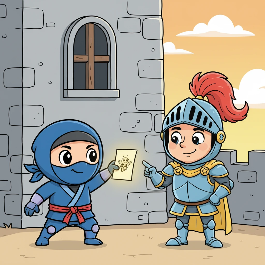 Kiko then pulled out a small, glowing drawing from his pouch, showing a tiny firefly with a happy face. He pointed to the drawing, then around the castle, trying to explain that his pet, Sparkle, had flown inside. Sir Reginald's stern face slowly softened into understanding.