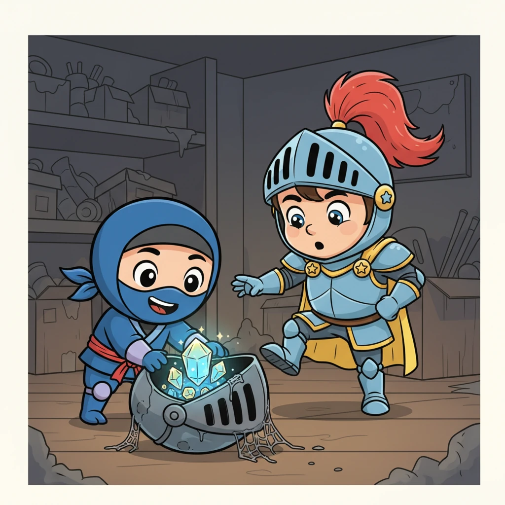 Now understanding Kiko's true quest, Sir Reginald joined the search, his heavy armor surprisingly quiet as he tiptoed along. Together, they found Sparkle, twinkling brightly from inside an old, forgotten helmet in a dusty corner. Kiko scooped up his glowing friend with a happy sigh.