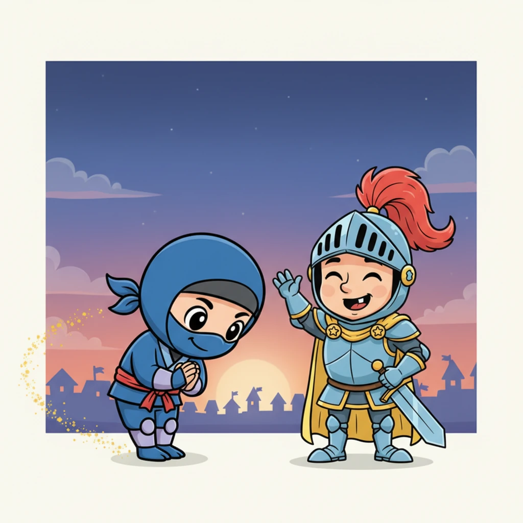 With Sparkle safely tucked away, Kiko bowed deeply to Sir Reginald, a gesture of thanks and newfound friendship. The knight, no longer stern, let out a hearty chuckle and waved goodbye as the nimble ninja disappeared into the twilight, leaving behind a trail of stardust and smiles.