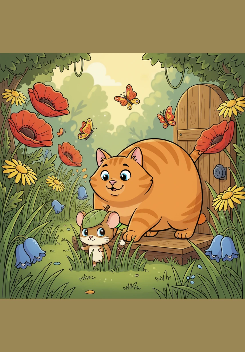 Suddenly, Pip darted into the garden through a small gap in the door, and Barnaby followed close behind into the tall green grass. The garden was a vast jungle of colorful flowers and fluttering butterflies, much bigger than their cozy house.