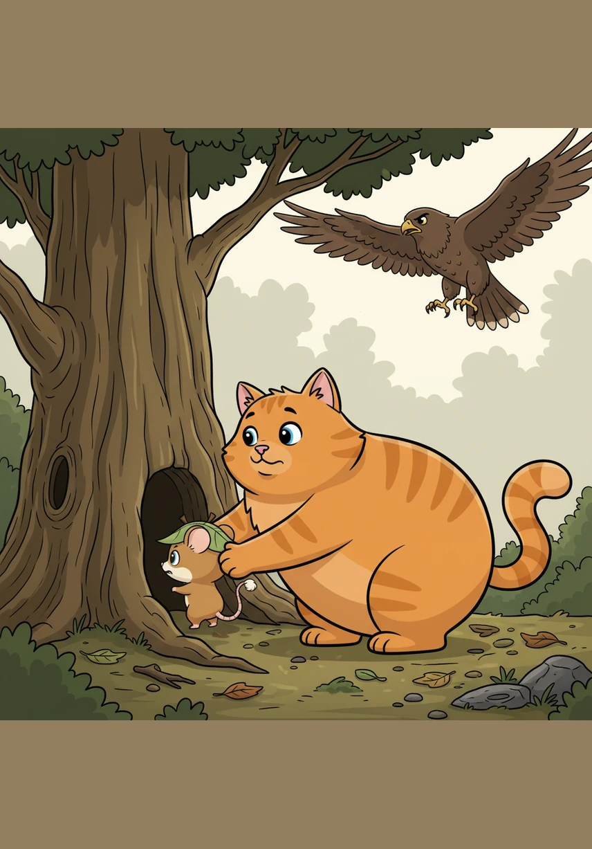 Barnaby nudged Pip toward the hollow of an old oak tree, using his large body to shield the tiny mouse from the hawk's sharp eyes. For the first time, the cat wasn't hunting the mouse; he was acting as his protector.