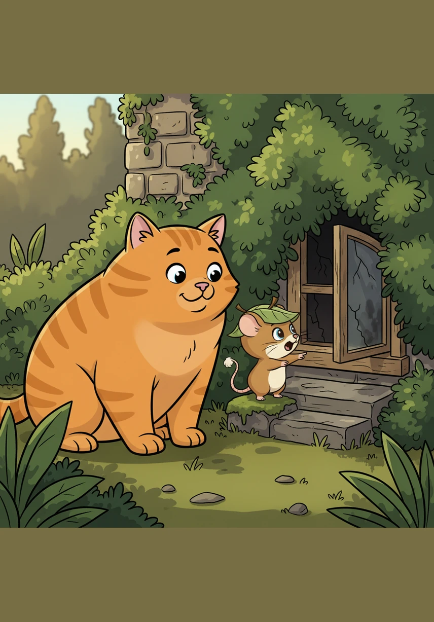 Pip noticed a small hole at the base of the house that Barnaby was too big to see, and he squeaked loudly to get the cat's attention. He guided Barnaby through the thick bushes toward a hidden cellar window that was cracked open just enough for them to squeeze through.
