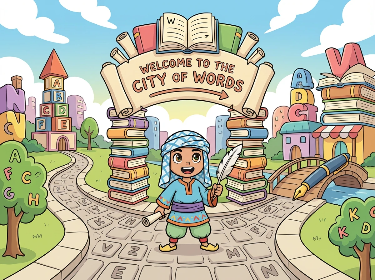 في قلب مدينة الكلمات، يتفرع شارع رئيسي إلى حارتين مختلفتين. لافتة كبيرة ترحب بالزائرين، معلنةً عن هذا العالم اللغوي الفريد.