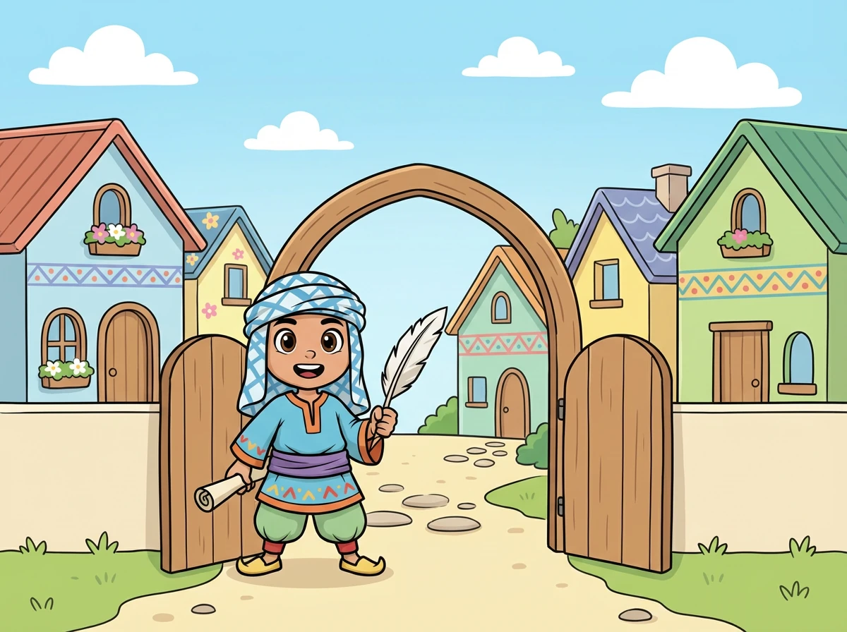 حارة الأسماء تتميز بالهدوء والجمال. بيوتها مزينة بألوان زاهية، وعلى مدخلها يقف الاسم، قائد الحارة، مرتدياً قبعة عليها حرف الألف.