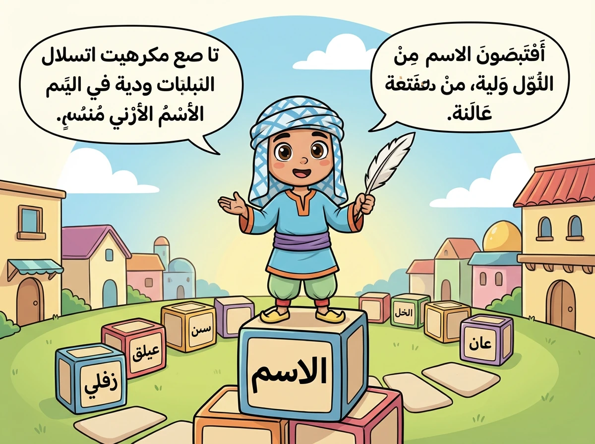الاسم، وهو قائد حارة الأسماء، يشرح: "أنا القائد اسم، جملتي دائماً تبدأ بي، وتسمى الجملة الاسمية."