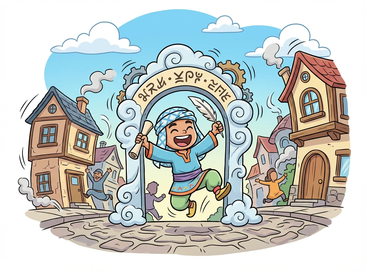 في حارة الأفعال، تسود الحركة والنشاط. بيوتها تبدو وكأنها تتحرك، وعلى مدخلها يقف الفعل، قائد الحارة، وهو يقفز بحيوية.