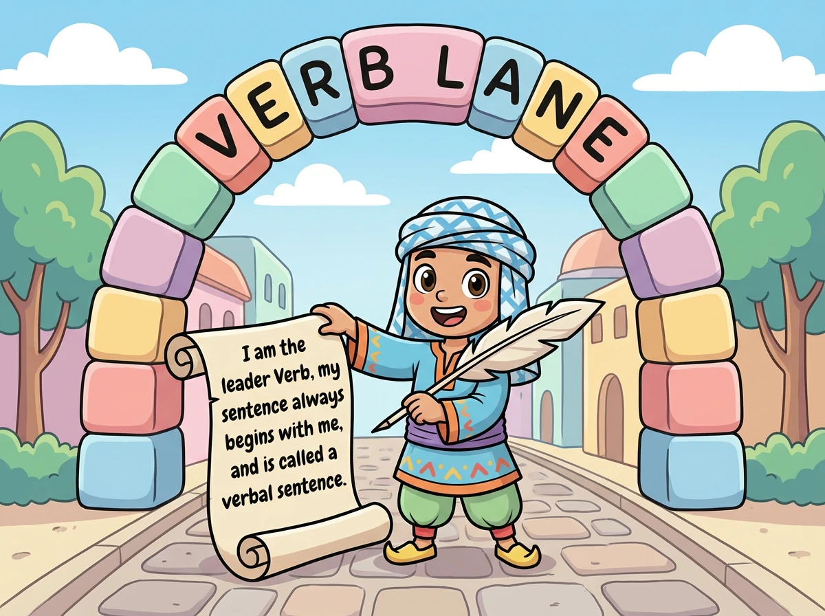 الفعل، قائد حارة الأفعال، يوضح: "أنا القائد فعل، جملتي دائماً تبدأ بي، وتسمى الجملة الفعلية."