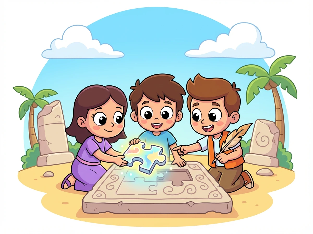 واجه الأصدقاء الثلاثة تحدياً كبيراً: كلمة ضائعة! تعاونوا لحل اللغز وإعادة الكلمة إلى مكانها الصحيح.