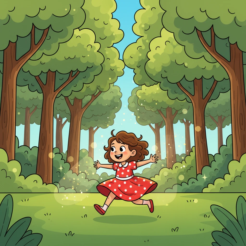 Pip was playing hide-and-seek with a sunbeam in her backyard, which bordered a magnificent, leafy forest. Her bright red polka-dot dress swirled as she giggled, chasing the dancing light. The air smelled of fresh leaves and adventure, beckoning her closer to the trees.