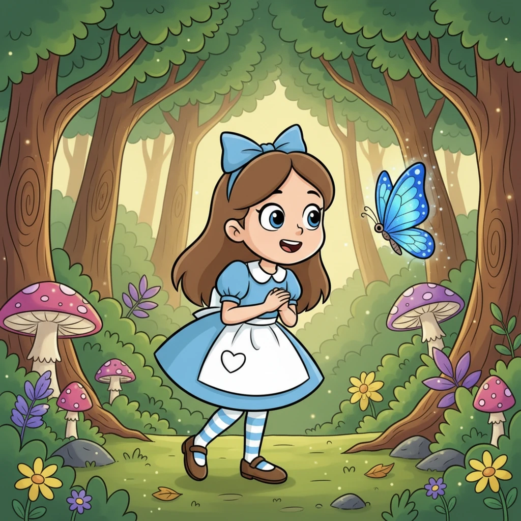 A dazzling blue butterfly fluttered past, its wings shimmering like tiny jewels. Pip, captivated by its beauty, tiptoed after it, her eyes wide with wonder. Each step took her deeper into the green embrace of the woods, following the flitting magic.