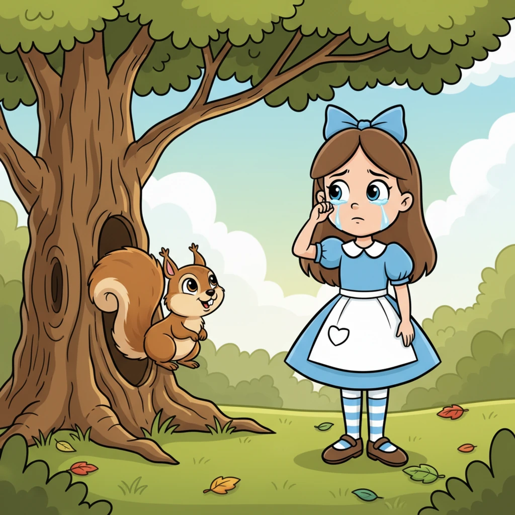 Just as a tear started to well up, a friendly, plump squirrel with a bushy tail peeked out from behind an oak tree. He chittered softly, tilting his head as if asking, "Are you lost, little one?" Pip wiped her eyes and bravely nodded.