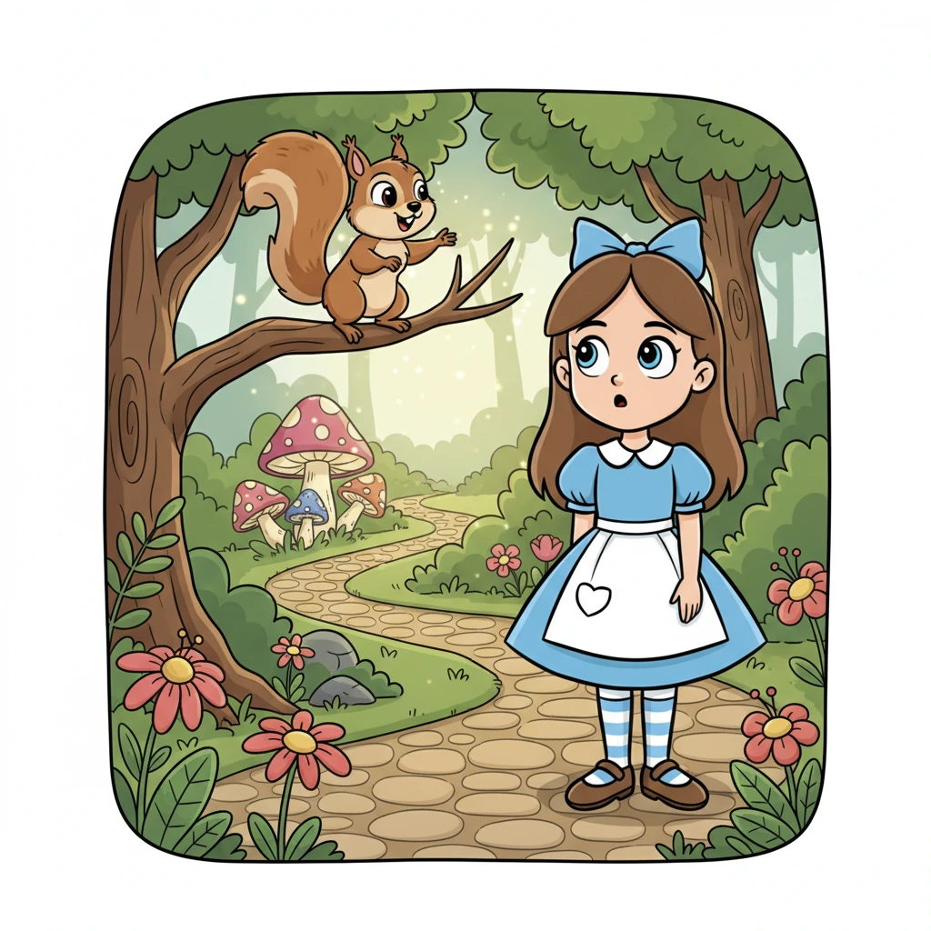 The squirrel, whose name was Nutmeg, scampered onto a low branch, gesturing with a tiny paw towards a faint glimmer. He seemed to be saying, "Follow me! I know a secret path!" Pip, feeling a spark of hope, decided to trust her new furry friend.