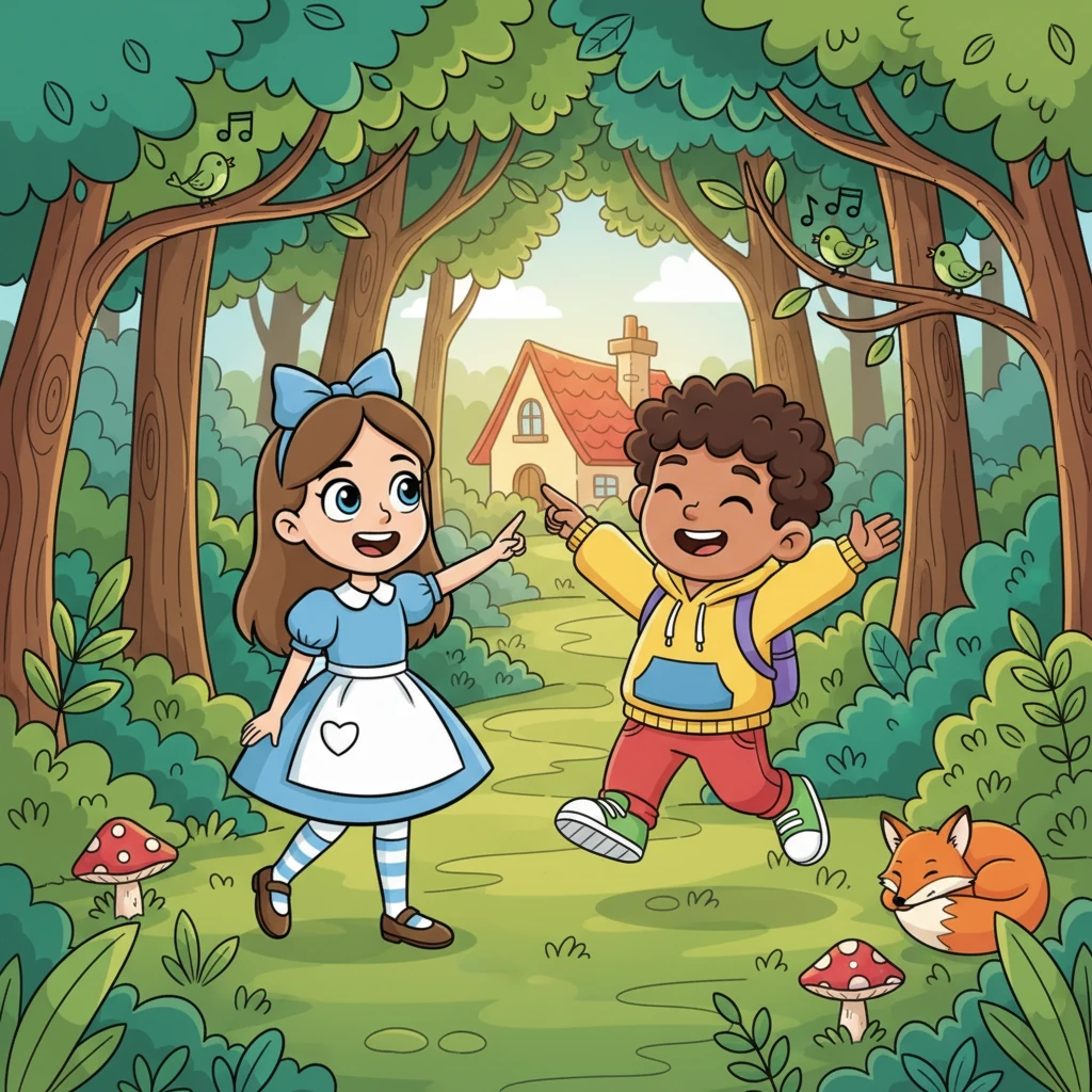 Together, Pip and Nutmeg journeyed through the enchanting woods, past singing birds and sleepy foxes. Suddenly, through a break in the trees, Pip spotted a flash of red – it was the familiar roof of her own house, peeking out in the distance! Her face lit up with pure joy.