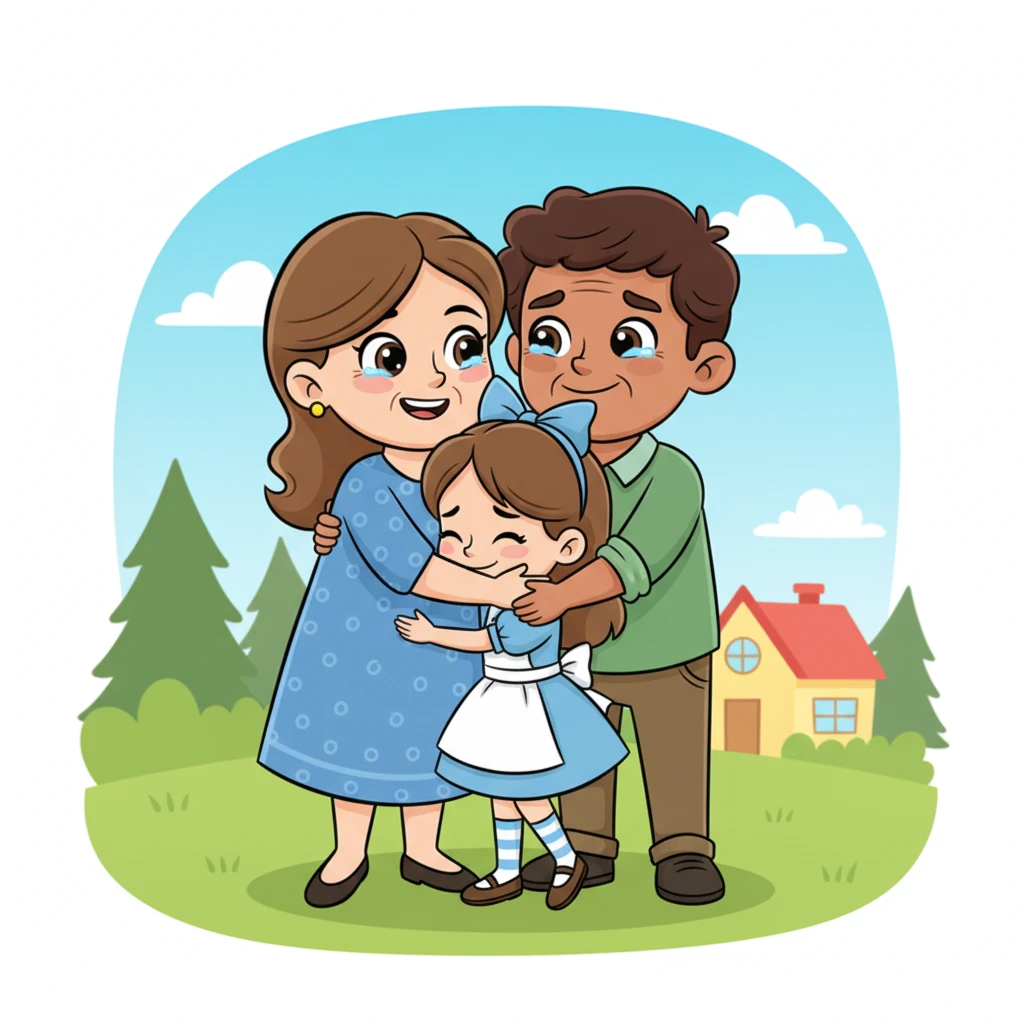 "Pip! Oh, Pip!" a voice called out. Pip burst through the last line of trees and into her backyard, straight into the loving arms of her parents. They hugged her tightly, their faces a mixture of relief and overwhelming happiness.