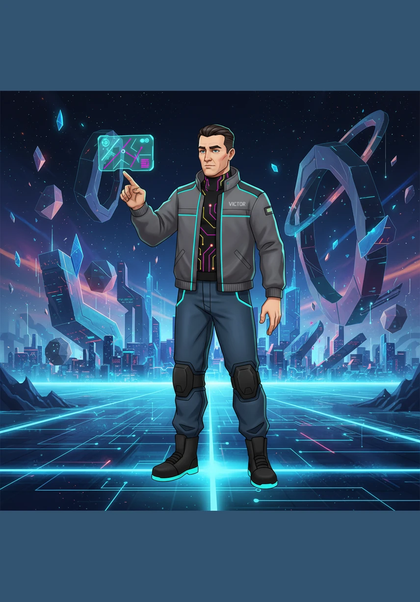 Victor stands at the center of a glowing digital landscape, where the horizon is filled with sleek, floating geometric structures. This is the gateway to the VMI digital universe, a place where engineering dreams become reality.