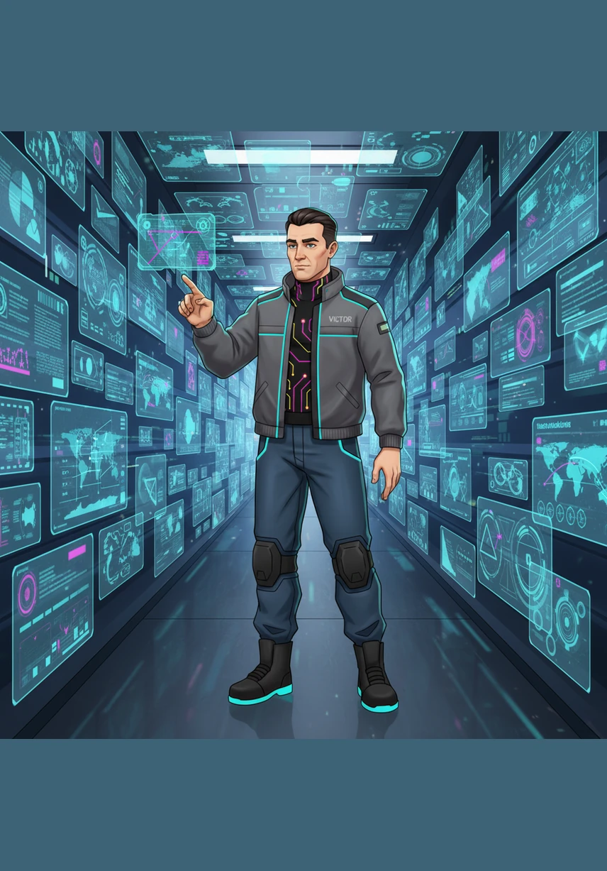 Walking through a corridor of holographic archives, Victor shows the long heritage of innovation that built the foundation of the company. Every flickering screen represents a milestone in technological evolution and global growth.