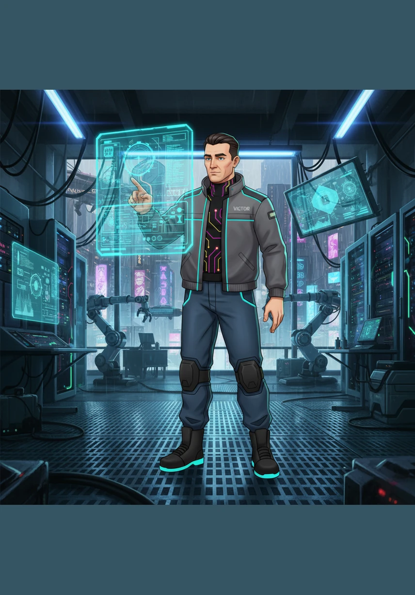 In the heart of the innovation hub, Victor activates a massive 3D model of a tire manufacturing system. The machinery hums with energy as it demonstrates perfect precision and automated efficiency.