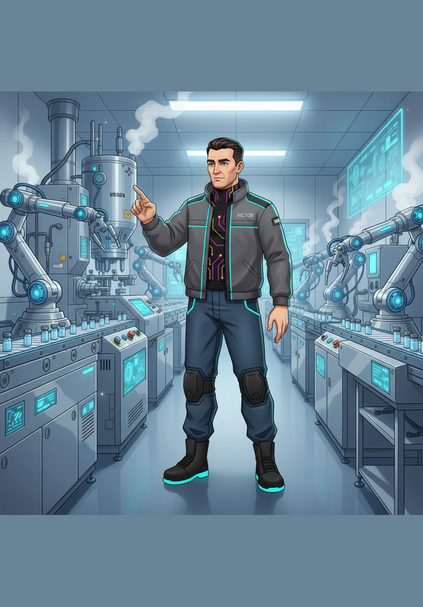 The scene shifts to a pristine, sterile environment where Victor oversees the production of life-saving pharmaceutical equipment. Gleaming stainless steel and complex robotics work in perfect harmony to ensure global health.