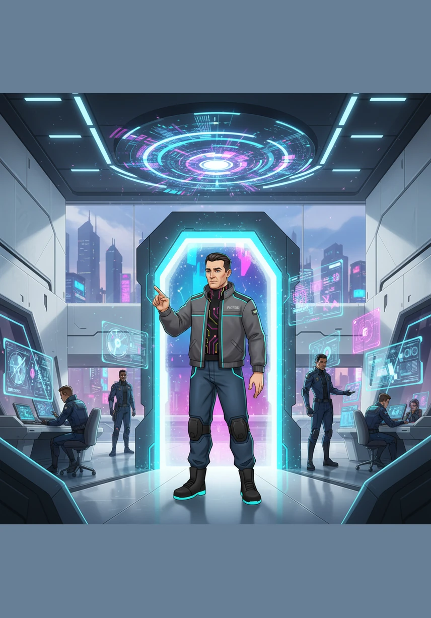 Victor enters a bright, open space designed for collaboration, where a Contact Us terminal glows with a welcoming blue light. It is a bridge between the company and the visionaries who want to build the future together.