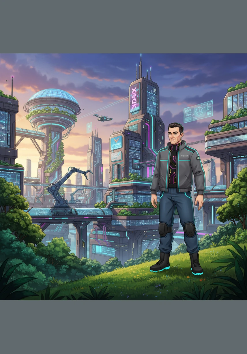 The focus shifts to a lush green park integrated into the factory's design, highlighting the commitment to a sustainable future. Victor watches as clean energy sources power the entire operation with zero waste.