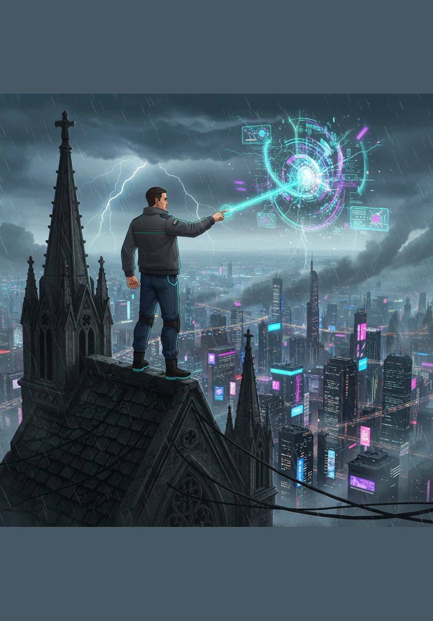 Standing atop a high observation deck, Victor looks out over a fully integrated smart city powered by VMI technology. The sun rises over a world made better through innovation, precision, and a passion for excellence.