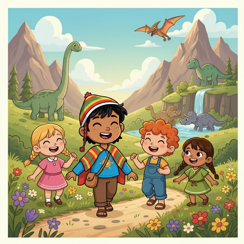Juntos, Inti y sus amigos se adentraron en el valle. Rumores hablaban de dinosaurios amistosos que vivían en las montañas. Caminaron por senderos llenos de flores silvestres y risas. ¡La emoción llenaba el aire!