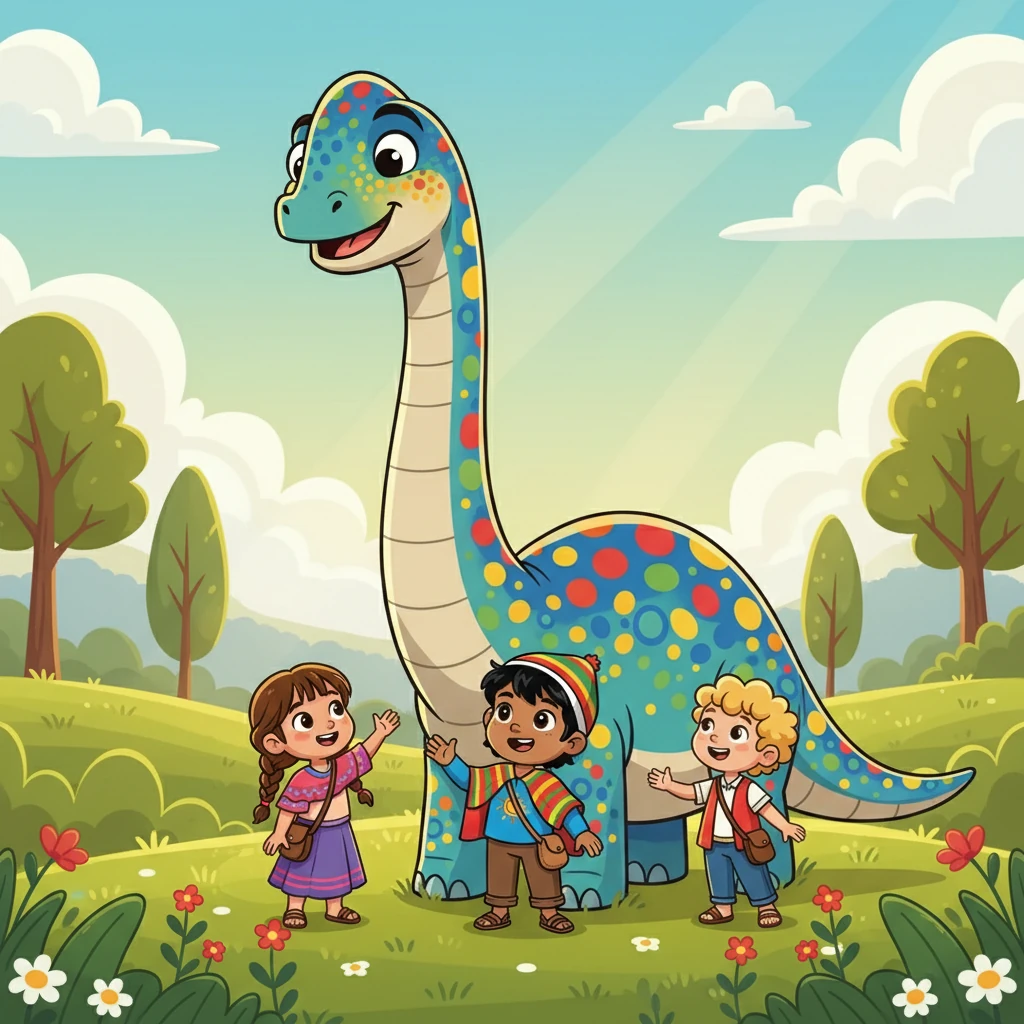 De repente, ¡un rugido! Un enorme dinosaurio, amigable y colorido, apareció ante ellos. Inti y sus amigos no sintieron miedo, sino curiosidad y alegría. El dinosaurio, llamado Rumi, se convirtió en su nuevo amigo.