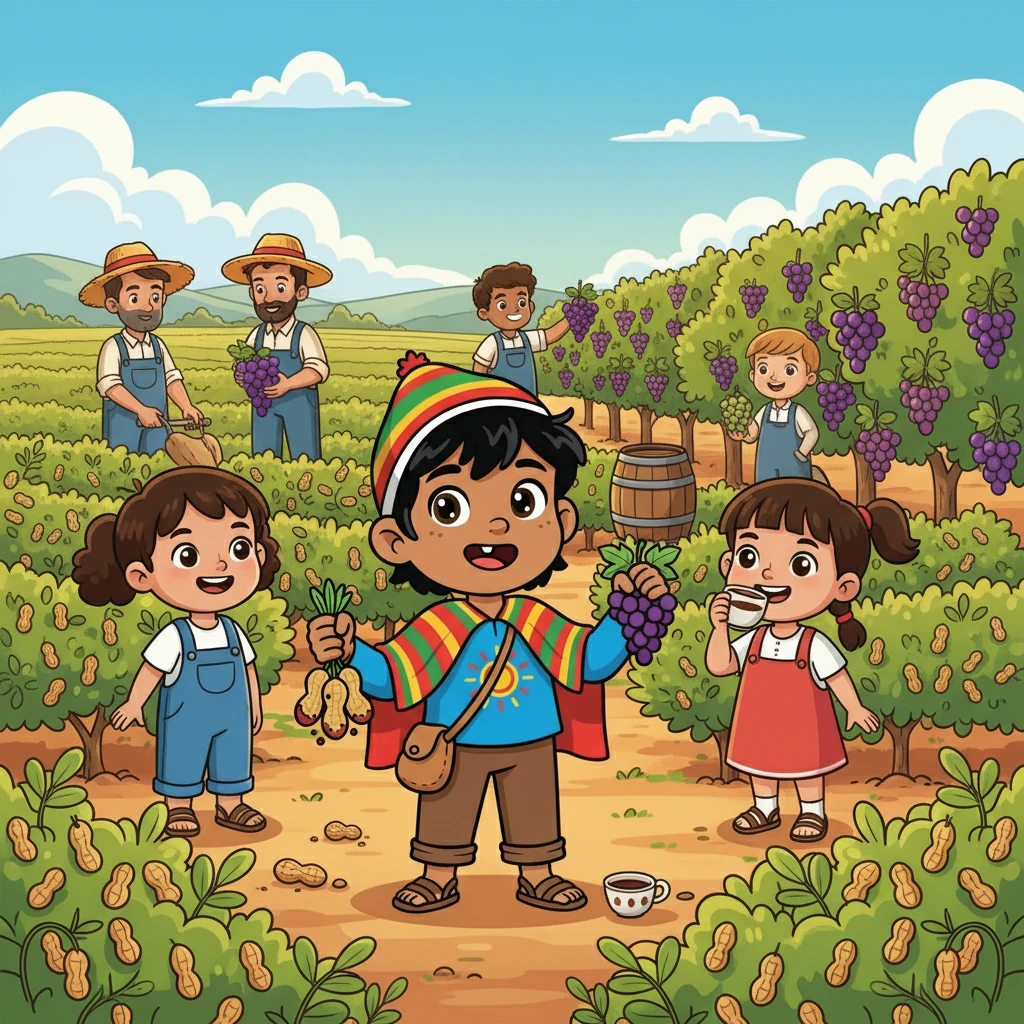Después de jugar con Rumi, Inti y sus amigos visitaron los campos de maní y las viñas. Aprendieron cómo los agricultores trabajaban duro para cosechar los alimentos que compartían con el mundo. También probaron el delicioso vino de uva.