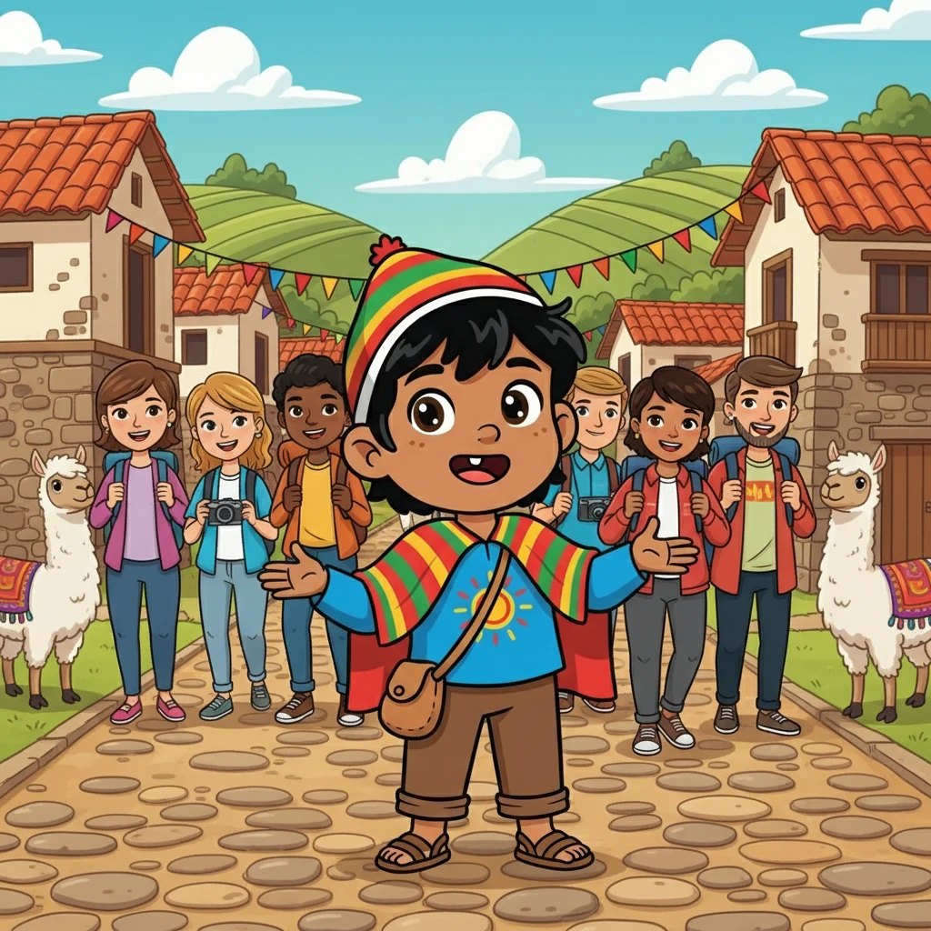 Inti y sus amigos recibieron a turistas de diferentes países, que llegaban a Icla para disfrutar de sus encantos. En quechua, Inti les daba la bienvenida, mostrando el orgullo por su cultura. Todos aprendieron a respetar las diferentes costumbres.