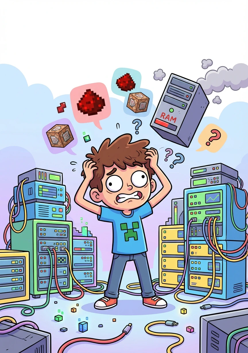 Alex, un chico apasionado por Minecraft, sueña con tener el servidor más genial del mundo. Pero administrarlo es un caos: la RAM siempre está al límite y los comandos son un lío.