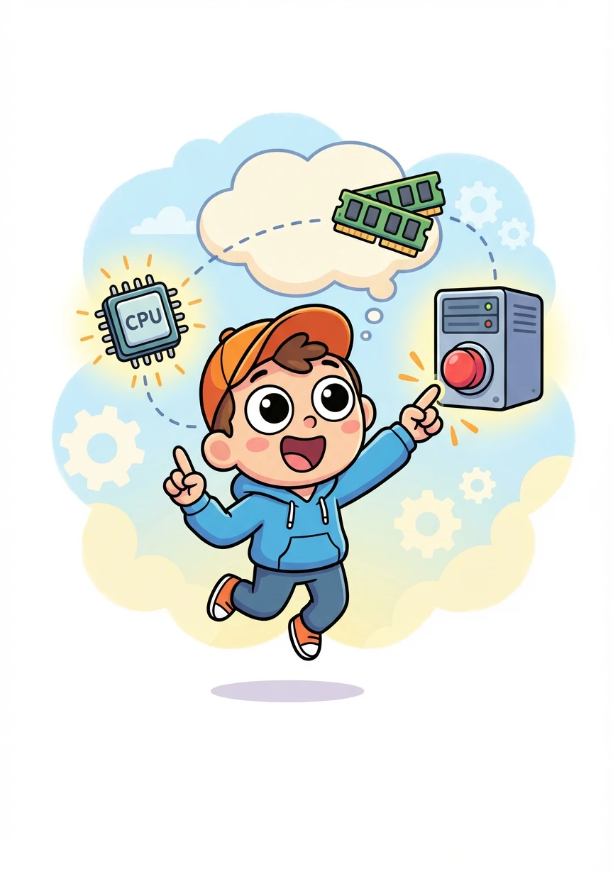 Un día, Alex tiene una idea brillante: ¡crear su propio panel de control! Un lugar donde pueda ver el uso de la CPU, la RAM y controlar el servidor con un solo clic.