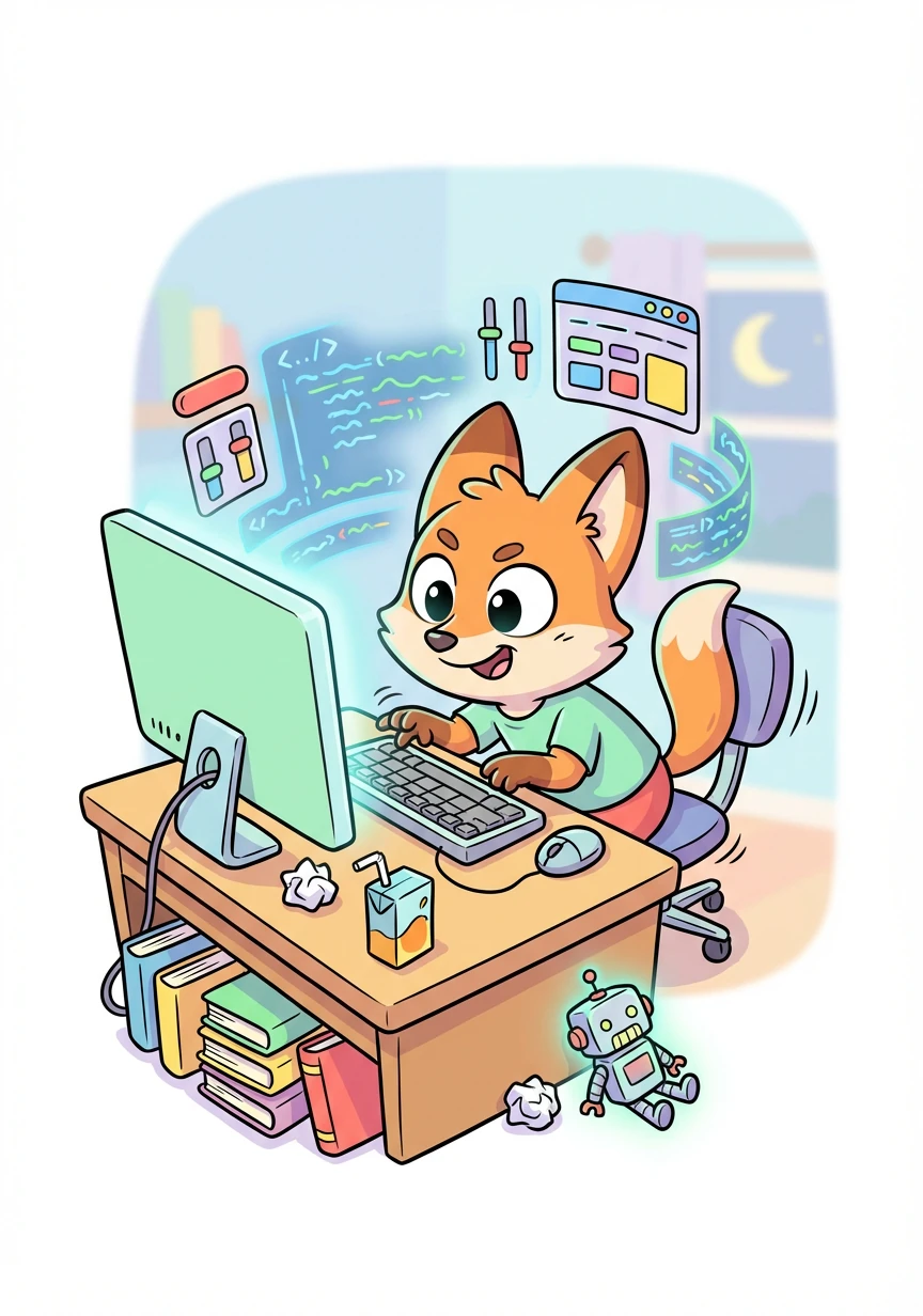 Alex comienza a investigar. Aprende sobre programación, diseño de interfaces y cómo optimizar el rendimiento del servidor. Se pasa horas frente a la computadora, experimentando y aprendiendo.
