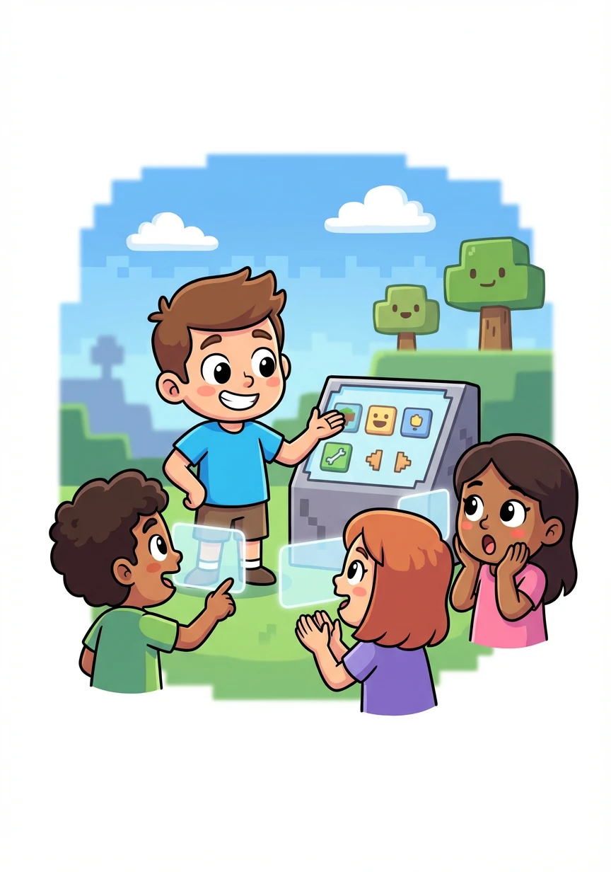 Alex comparte su creación con la comunidad Minecraft. Otros jugadores están impresionados y quieren usar su panel de control. Alex se siente orgulloso de su trabajo.