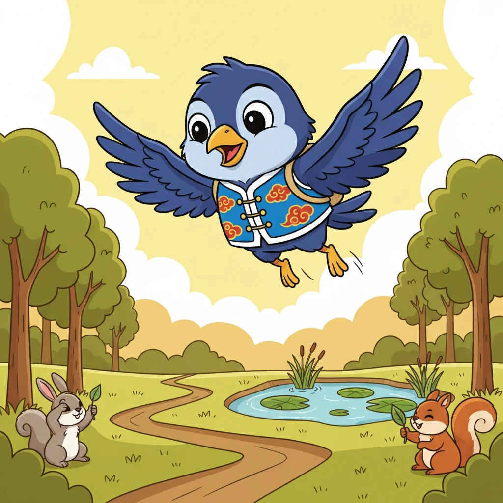 夏日的阳光炙烤着森林，小动物们都热得直冒汗。 小乌鸦可可张开翅膀，在空中飞翔，寻找着可以喝到水的地方。